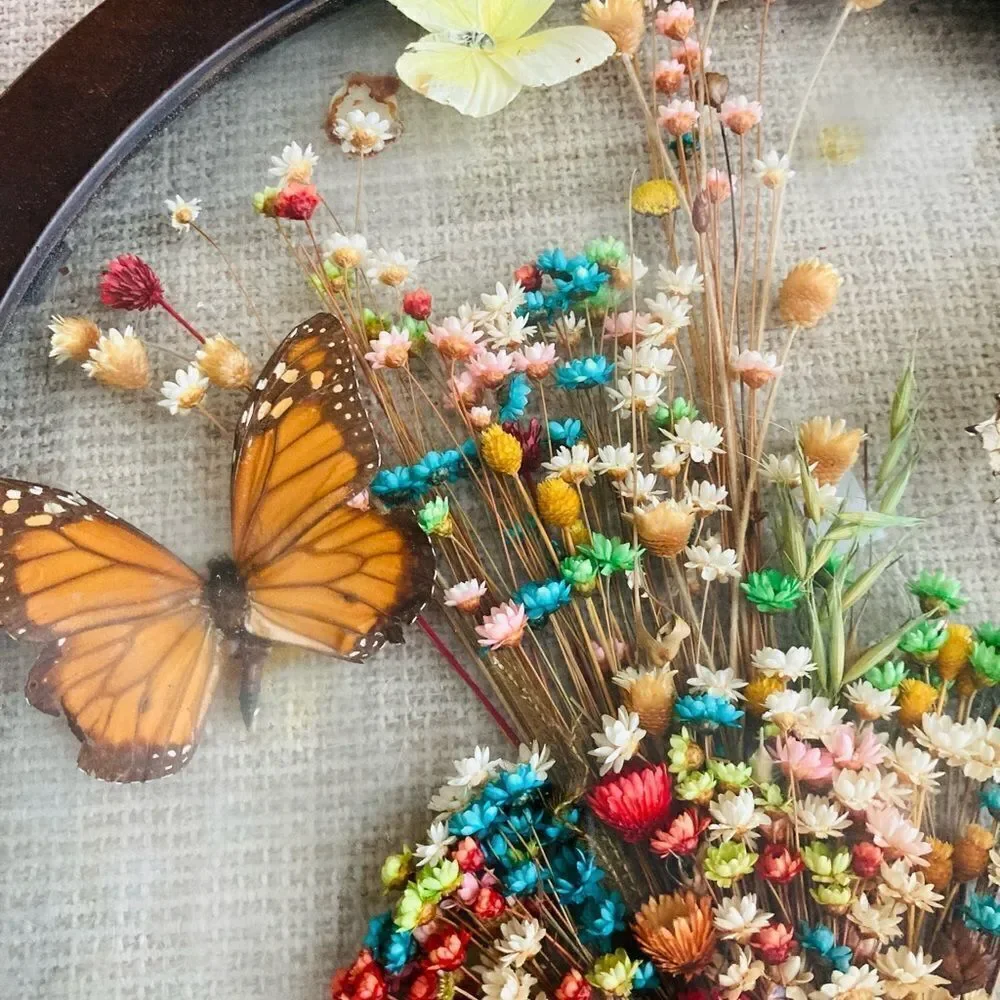 Vintage Dried Floral Butterfly Wood Framed Decor